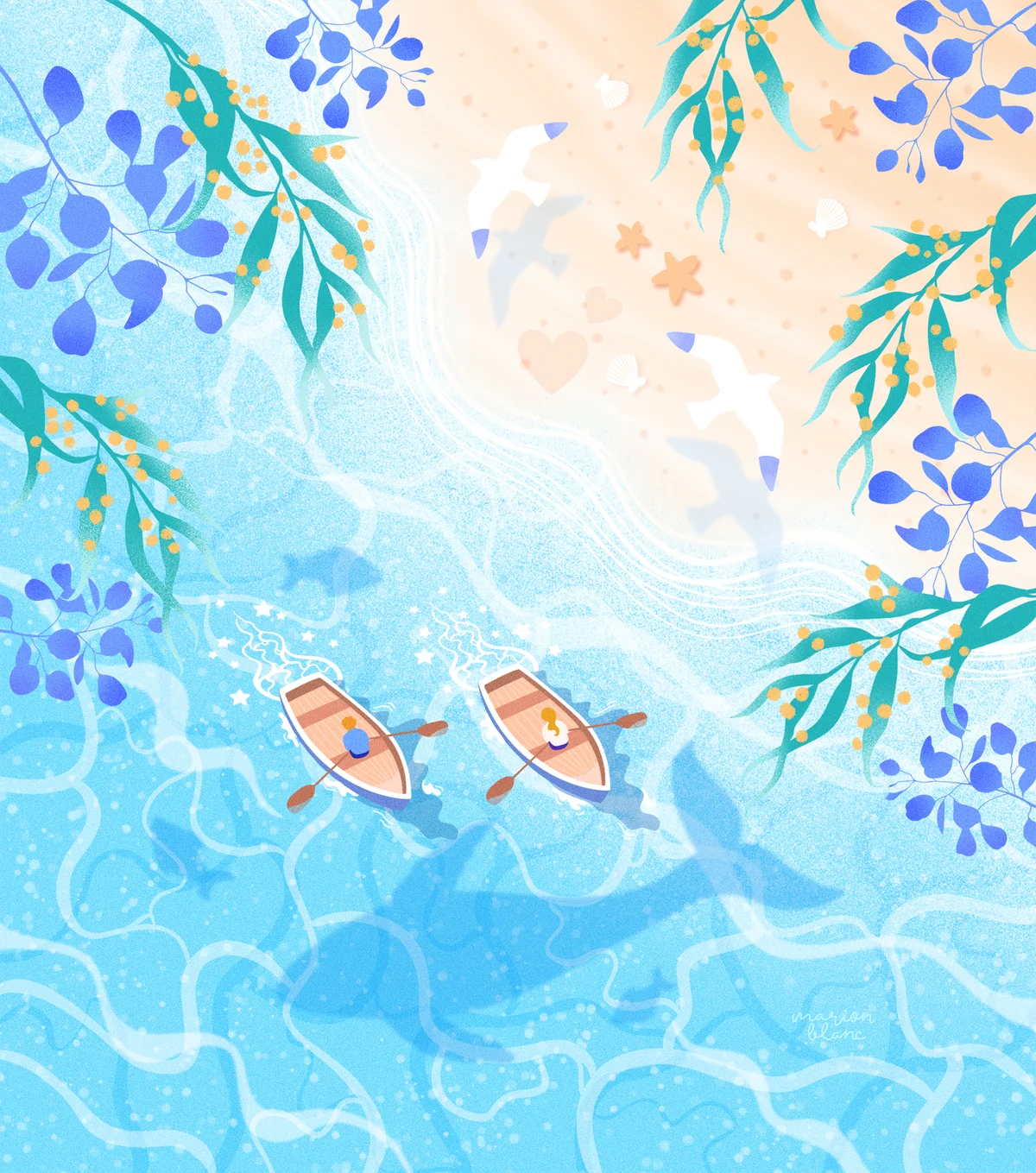 Deux barques dans un paysage d’eau turquoise illustré par Marion Blanc.